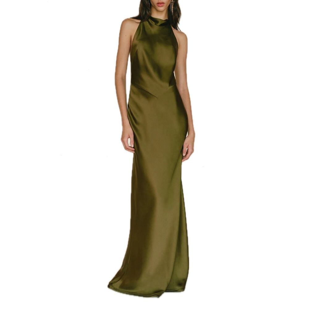 Reformation Olive Green Satin Halter Maxi Dress - Picture 1 of 12